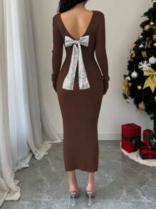 Elenzga 女士圆领长袖蝴蝶结装饰后背修身优雅针织毛衣连衣裙，秋冬