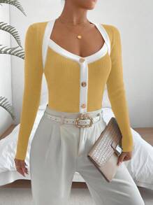 SHEIN Unity Casual Commuter Colorblock Trim Slim Fit Sweater, Autumn Knit Pullover Fall Winter - Yellow - View 3