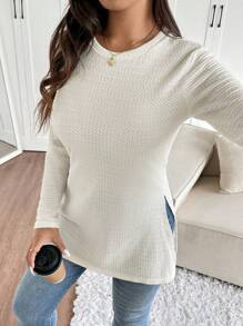 SHEIN Frenchy Plus Size Casual Split Hem Slim Fit Textured Round Neck T-Shirt - Apricot - View 3