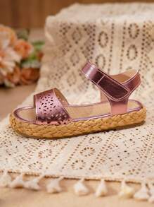 可爱时尚透气亚麻绳厚底儿童女童平底凉鞋 - 粉色 - 查看 5