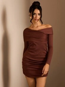 Glamine Autumn/Winter Asymmetrical Ruched Slim Elegant Women Sweater Dress - Coffee Brown - View 5