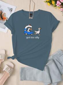 INAWLY Camiseta de mujer de cuello redondo con decoración impresa de un divertido ganso de policía bordado, camisetas gráficas cómodas para mujer - Neblina azul - Ver 4