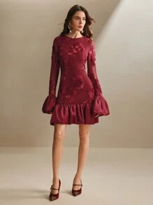 Anewsta Embroidered Floral Bodycon Dress For Women - Burgundy - View 3