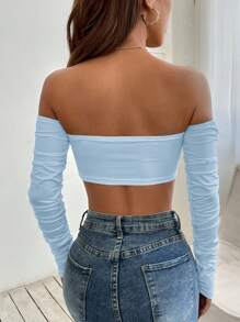 SHEIN PETITE Off Shoulder Drawstring Ruched Crop Off Shoulder Top - Baby Blue - View 2
