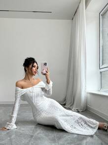 Rafferiza Vestido de Body ceñido midi de encaje blanco con escote bata para mujer - Blanco - Ver 6