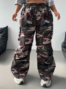 Flirla Plus Size Front Tie Minimalist Camouflage Print Casual Pants - Green - View 5