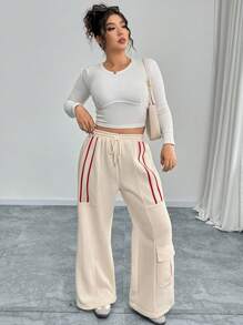 Calvaya Plus Size Effen Kleur Losse Casual Taille Trekkoord Patchwork Gestreepte Cargo Joggingbroek