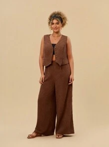 Travachic Plus Size 2pcs/Set Vest Cardigan And Wide Leg Pants Outfit