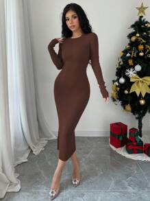 Elenzga 女士圆领长袖蝴蝶结装饰后背修身优雅针织毛衣连衣裙，秋冬