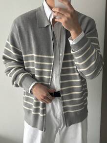 DAZY 男士灰色条纹长袖拉链休闲开衫，秋季服装外套商务装 - 灰色 - 查看 8