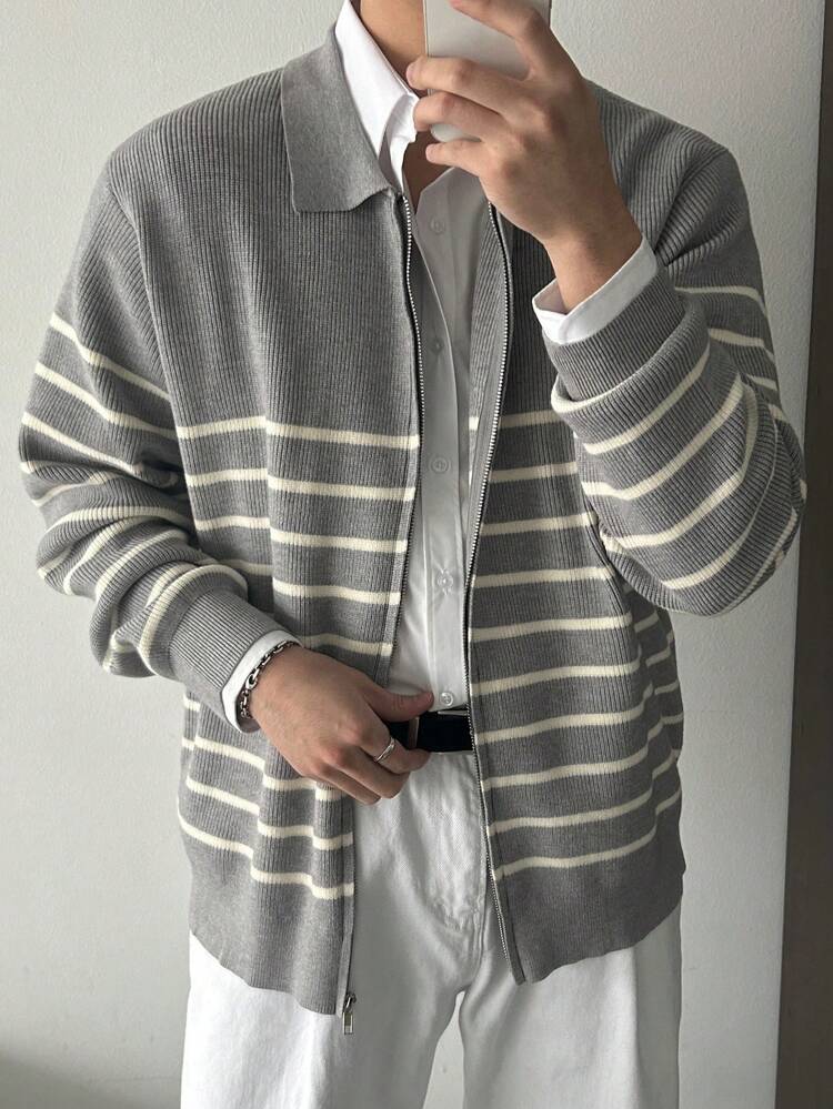 Men's Gray Striped Long Sleeve Zip Front Casual Cardigan,Fall Clothes Jacket Business Attire