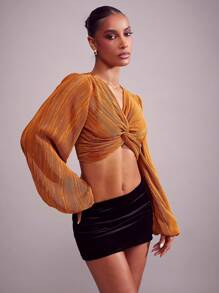Hauture Pleated Satin Twist Detail Balloon Sleeve Crop Top, Holiday Party Top