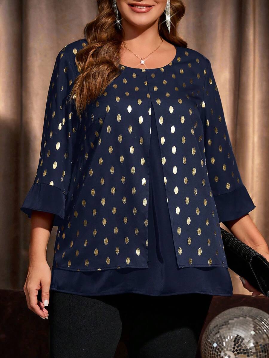 EMERY ROSE 大码波尔卡圆点印花休闲长袖圆领衬衫，秋季女装 - 藏蓝色 - 查看 1