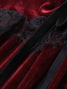 DAZY Elegant Velvet And Lace Patchwork Ruched Waist Ruffle Trim Nightgown Pajama - Burgundy - View 8