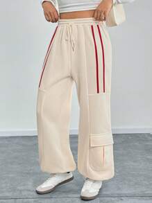 Calvaya Plus Size Effen Kleur Losse Casual Taille Trekkoord Patchwork Gestreepte Cargo Joggingbroek