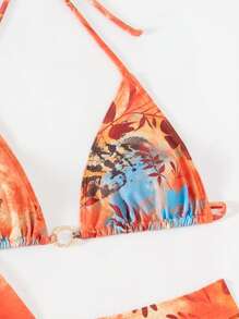 3pcs/Set Random Print Halter Neck Triangle Bikini Set With Long Sleeve Cover Up, Elegant & Sexy Summer - Multicolor - View 3