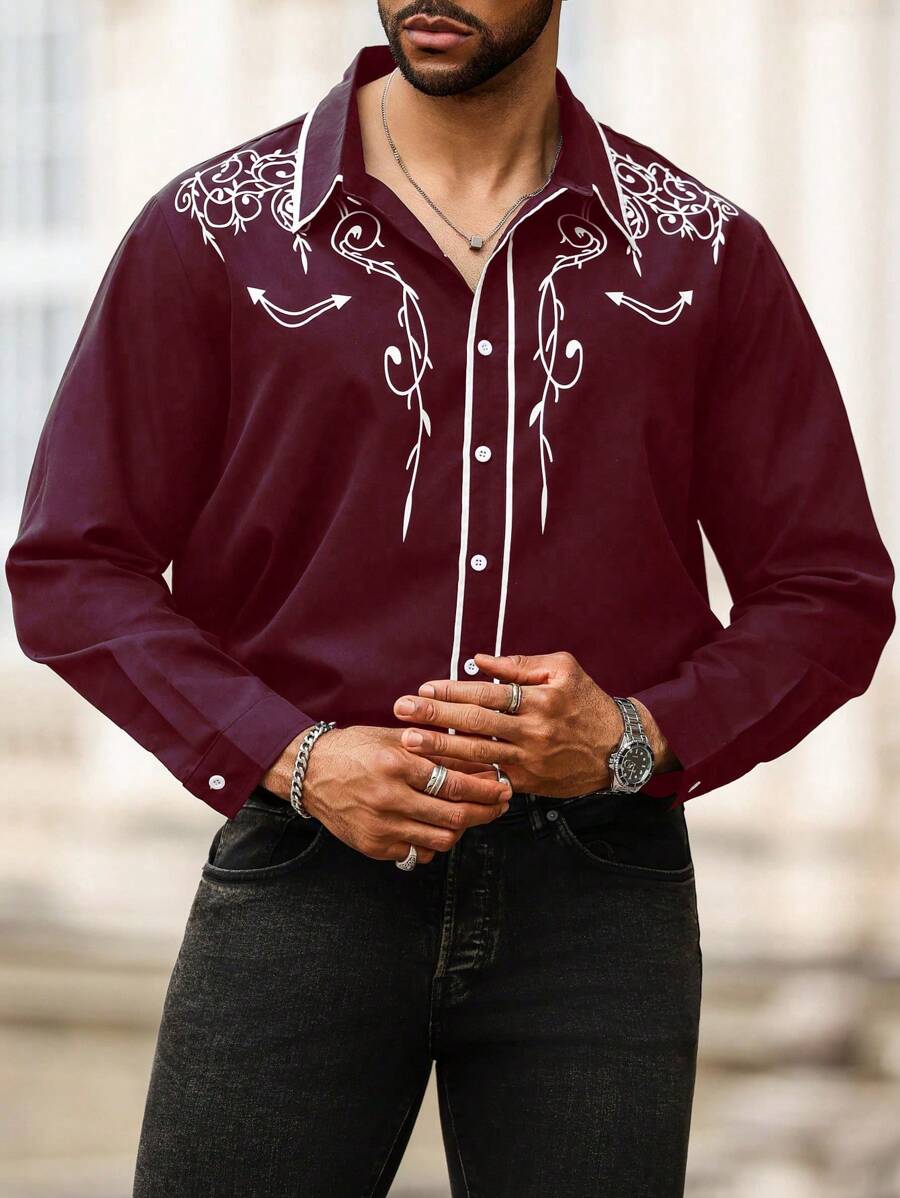 Manfinity Homme 大码男士复古印花长袖休闲衬衫，秋季