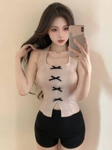 DAZY Summer New Casual Bowknot Slim Fit V-Neck Sleeveless Top, Thin Short Women Tank Top,Halter Top - Khaki - View 7