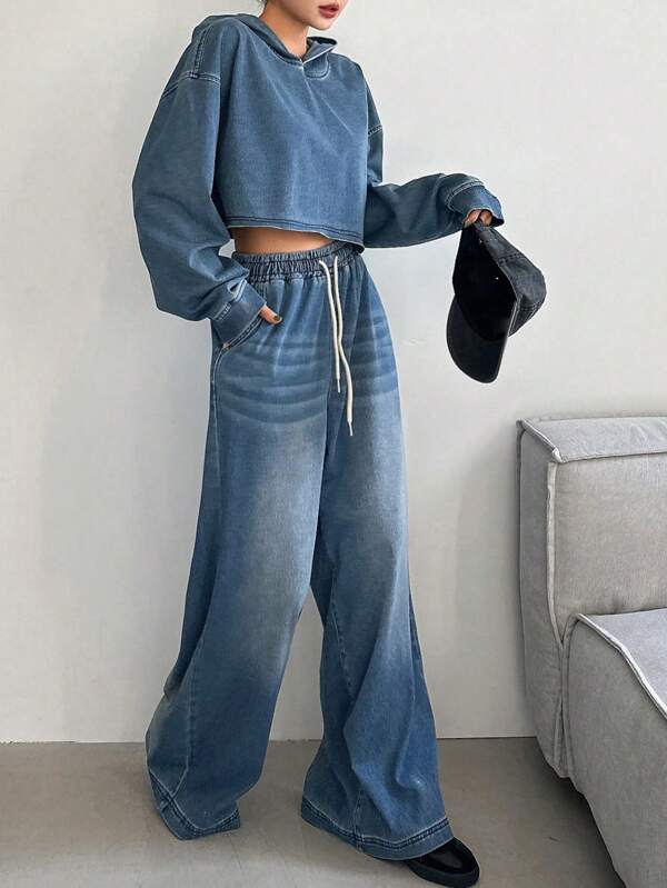 DAZY Women's Hooded Cropped Top And Denim Long Pants 2 Pieces Set,Fall Clothes