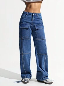 SHEIN ICON Multiple Pockets Cargo Straight-Leg Women's Jeans - Dark Wash - View 4