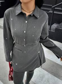 Calvaya Plus Size Women's Pearl Button Casual, Cute, Simple, Artistic, Refined, Versatile, Elegant, Personalized Long Sleeve Shirt And Skirt Set, Fashionable For Daily Commute, Spring/Autumn