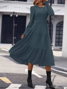 SHEIN Clasi Women Crew Neck Long Sleeve Pleated Simplistic Casual Dress Maxi Women Outfit