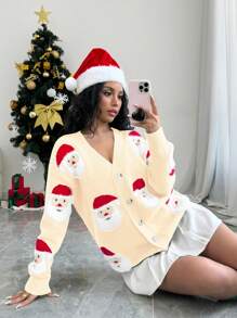 Chiquease Cardigan tricoté à col en V avec portrait du Père Noël pour femmes, pour Noël