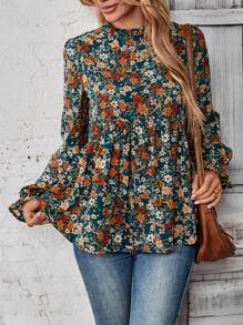 EMERY ROSE 女士度假风满版花卉印花圆领荷叶边长袖休闲衬衫