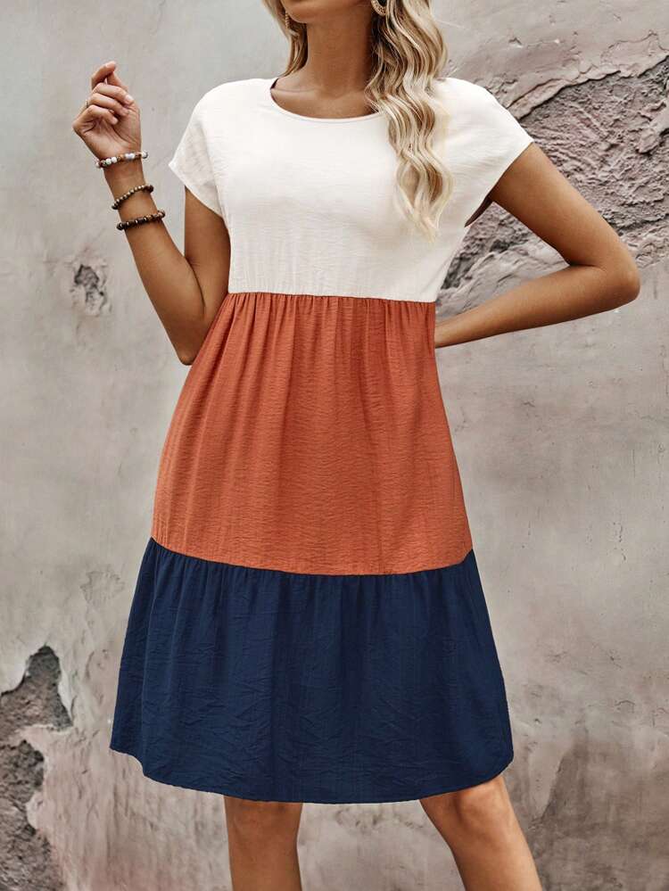 Women's Summer Contrast Color Round Neck Batwing Short Sleeve Casual Loose Mid-Length Dress