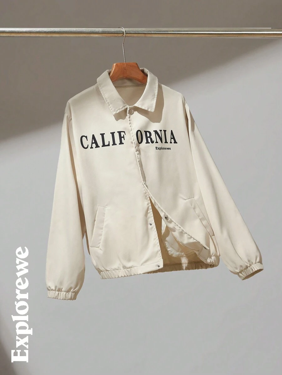 SHEIN A One-Piece Men's Youth Jacket In Khaki Color, Featuring Text Patterns. This Jacket Is Suitable For Urban Outings, Gatherings, And Daily Wear During Spring And Autumn, As Well As Various Other Occasions. - Khaki - View 1