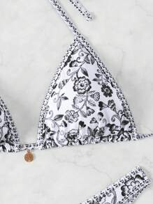 Women's Bandeau Bikini Swimwear With Triangle Cups And Neck Tie Summer - Black and White - View 4