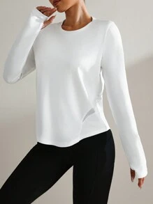 SHEIN Sport Studio Top casual da donna a girocollo bianco tinta unita a maniche lunghe, per uso quotidiano