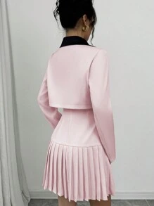 Elenzga Women's High-End Design Sense Color Block Collared Long Sleeve Jacket & Pleated Hem Dress Set, Spring Autumn Fall Cloth For Women