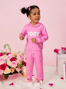女婴字母印花休闲连帽衫和裤子套装 - 粉色 - 查看 3