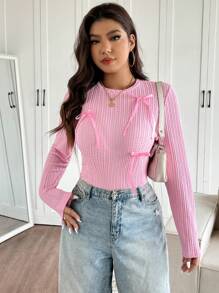 SHEIN Frenchy Plus Size Casual Elegant Bow Detail Crew Neck Pullover T-Shirt