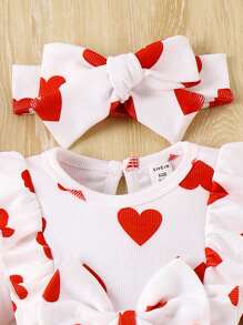 SHEIN Vintaside Kids Baby Girl Heart Pattern Bow Decor Cute Ruffle Trim Bodysuit - Red and White - View 5