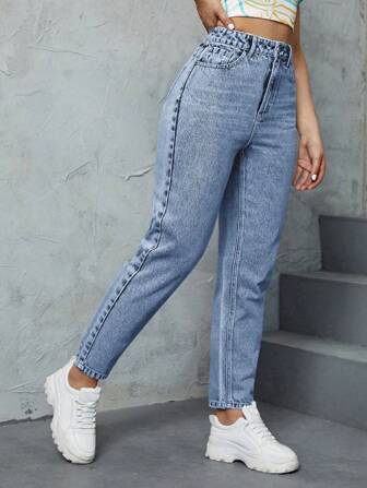 SHEIN Privé Damer avslappnad front knappficka Enkel jeans