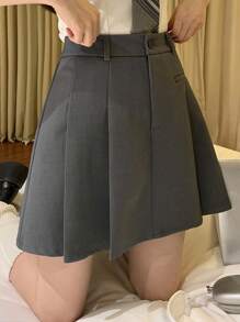 DAZY Falda gris de línea A, con pliegues, bolsillo delantero y botones para mujer