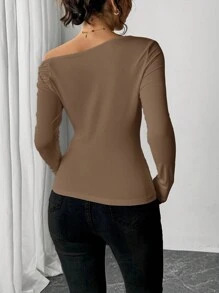 Firerie Elegant Twisted Metal Decor Off Shoulder Tight Fit Long Sleeve Black T-Shirt, Modern Design, Autumn/Winter