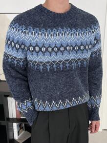 DAZY Men's Geometric Pattern Raglan Sleeve Long Sleeve Casual Sweater, Autumn/Winter - Blue - View 5