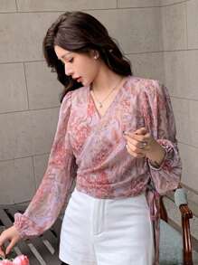 DAZY Floral Print Long Sleeve Tied Front Puff Sleeve Cropped Women Blouse, Spring/Summer,Fall Clothes Graphic Tee Vacation Outfits Women - Red - View 7