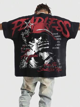 Street Life Camiseta negra de manga de murciélago con estampado de figura y eslogan de estilo callejero oversize para hombre, verano