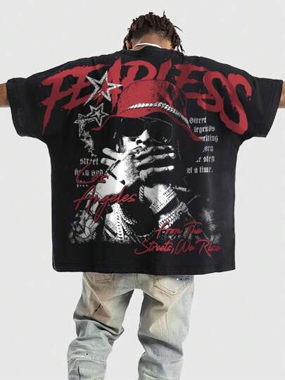 Street Life Camiseta negra de manga de murciélago con estampado de figura y eslogan de estilo callejero oversize, para verano, Halloween, estilo de los 2000