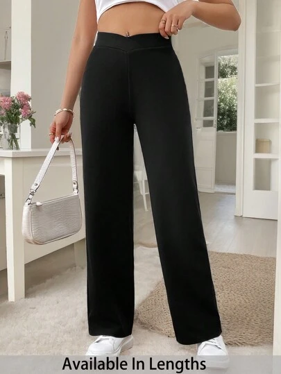 SHEIN PETITE CURVE Plus Size Women Elegant Wrap Waist Straight Leg Black Pants