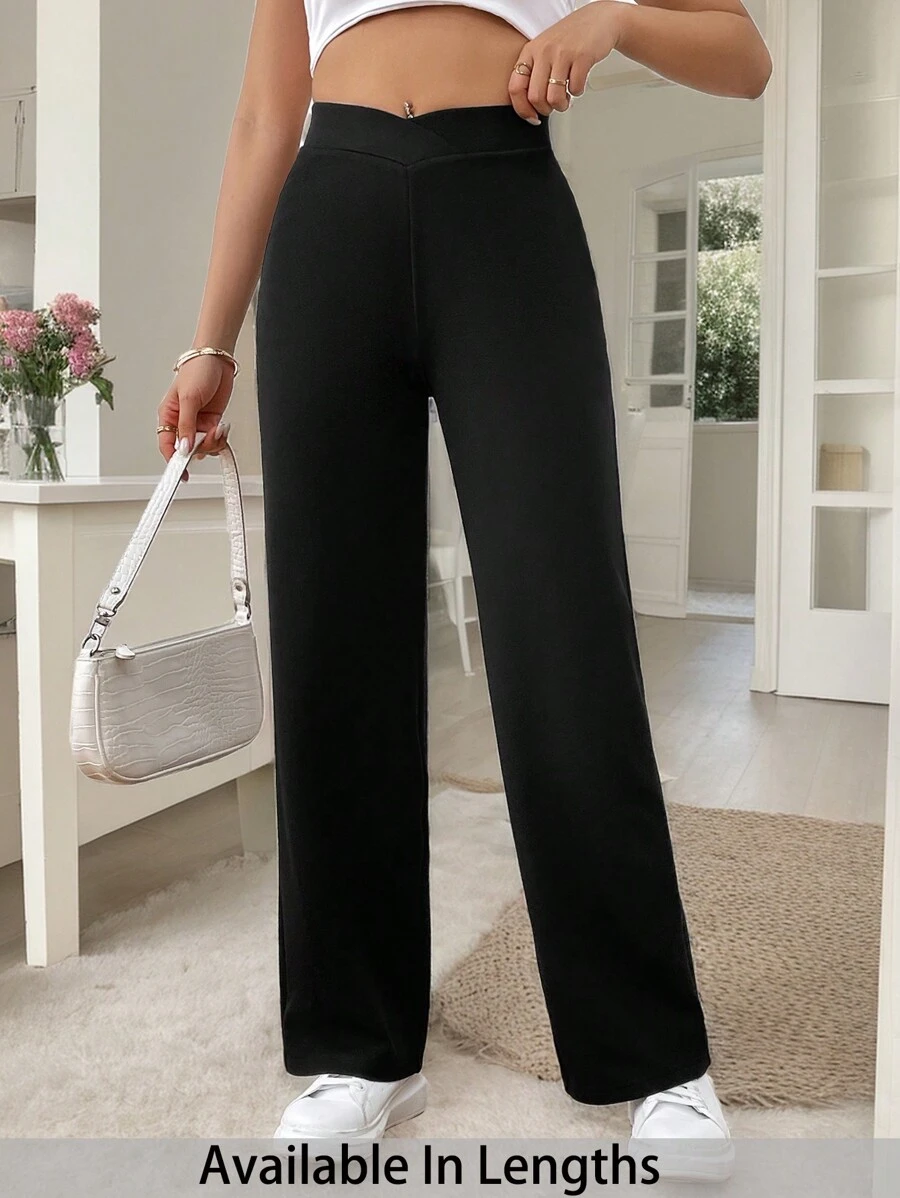 SHEIN PETITE CURVE Plus Size Women Elegant Wrap Waist Straight Leg Black Pants - Black - View 1