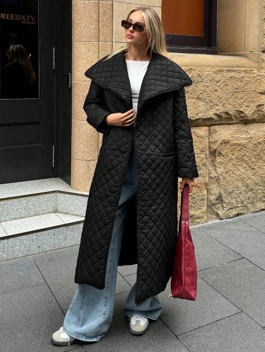 Aloruh Casaco feminino longo e acolchoado, com cor sólida, manga longa, colarinho e comprimento casual - Preto - Visão 1