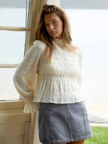 Aralina Boho Chic Shirred Textured Long Sleeve Dobby Blouse Winter Vacation Holiday Church Outfit