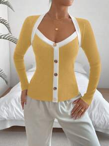 SHEIN Unity Casual Commuter Colorblock Trim Slim Fit Sweater, Autumn Knit Pullover Fall Winter - Yellow - View 6