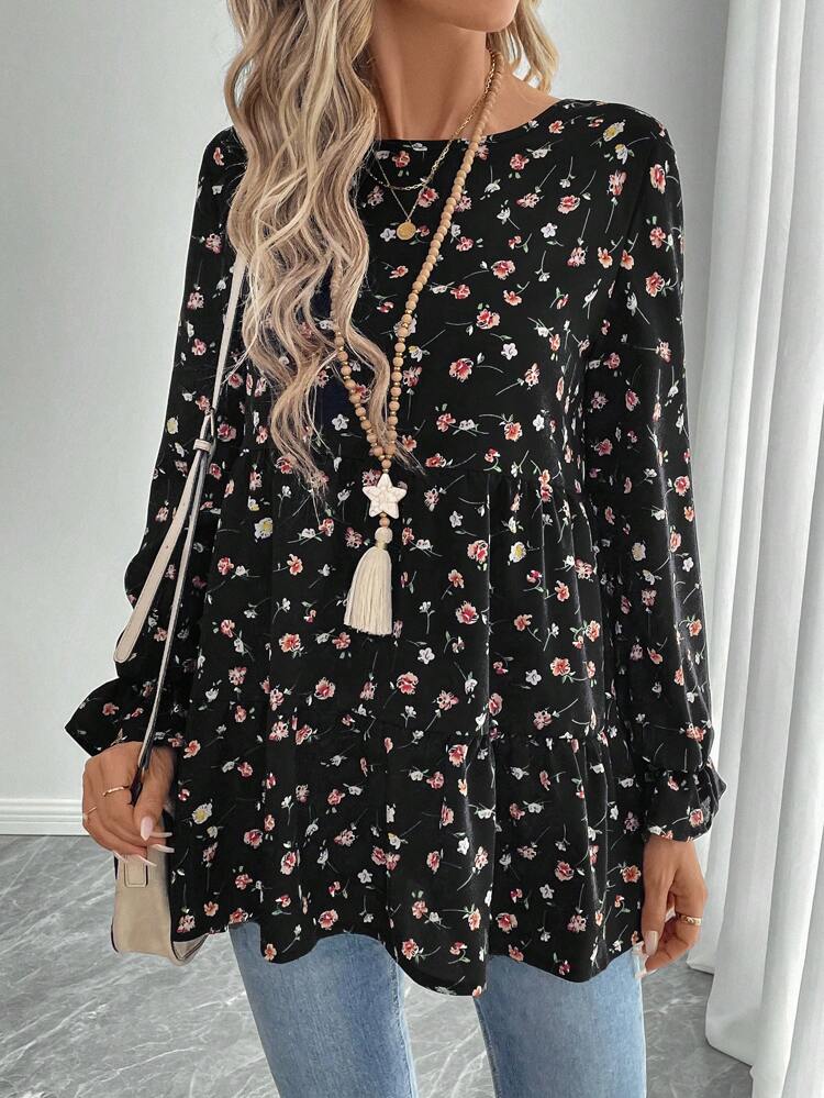 Spring Clothes Women's Autumn Allover Floral Print Loose Casual Round Neck Long Sleeve Blouse