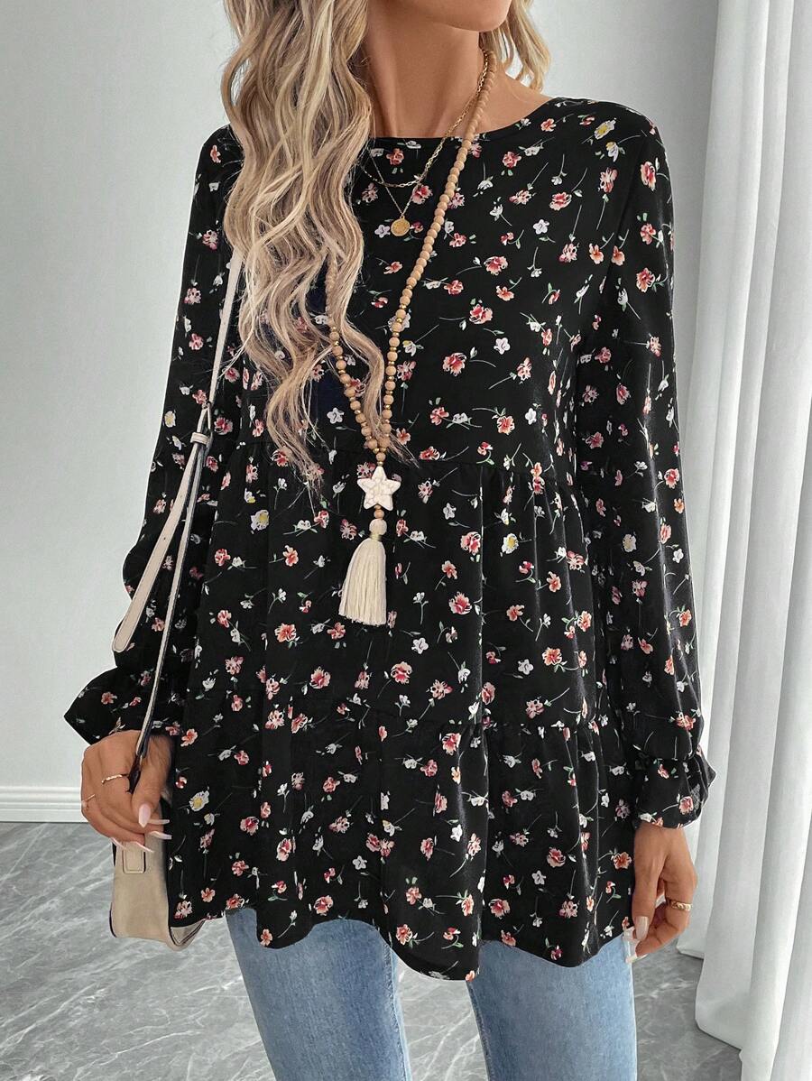 EMERY ROSE Spring Clothes Women's Autumn Allover Floral Print Loose Casual Round Neck Long Sleeve Blouse - Multicolor - View 1